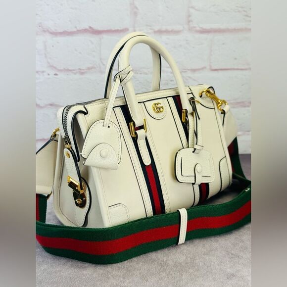 Authentic Gucci Web Sherry Line 2 Way Small Bauletto Leather Bag 715772 White - Picture 1 of 16